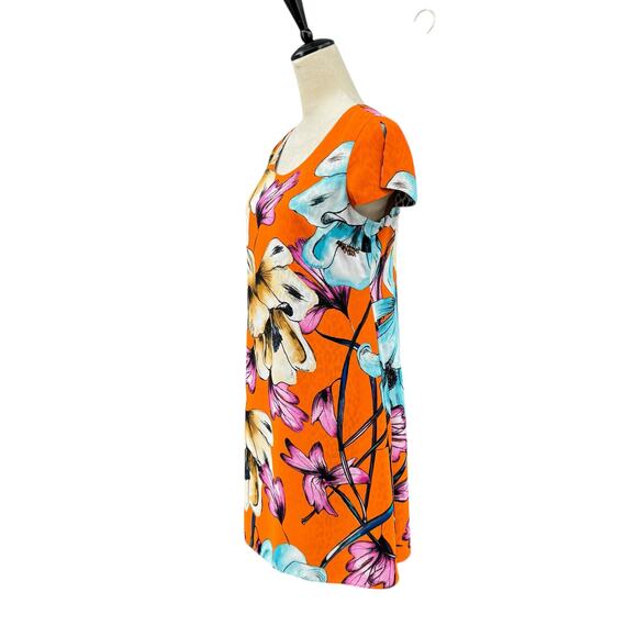 Chico’s Sz 00 PETITE Reversible Orange Tropical Floral Cheetah Print Shift Dress - Picture 3 of 15